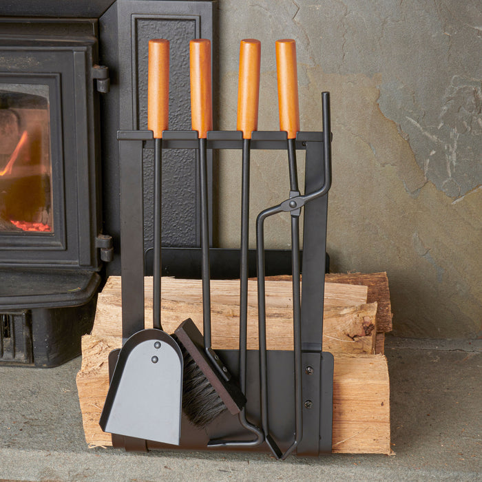 5-Piece Wood Black Fireplace Rack and Tools Set