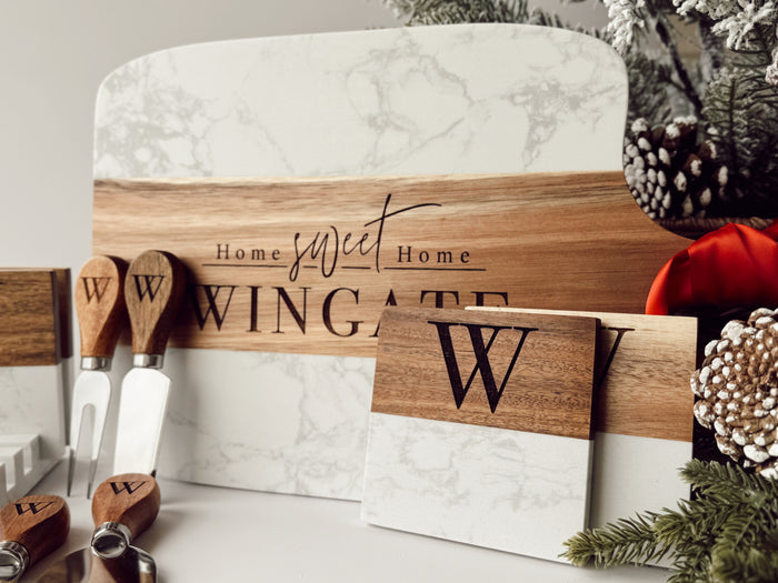 5pc Marble/Wood Cutting Board + Utensil Set