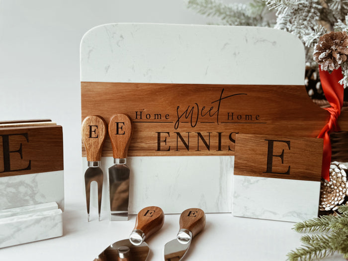 5pc Marble/Wood Cutting Board + Utensil Set