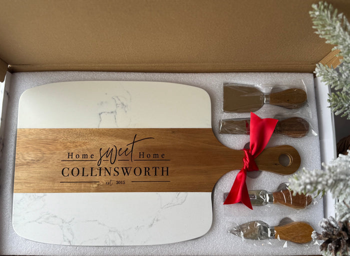 5pc Marble/Wood Cutting Board + Utensil Set