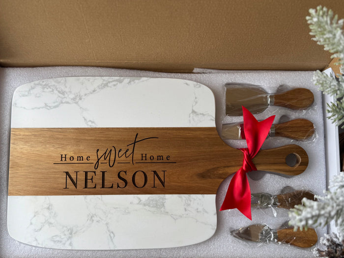 5pc Marble/Wood Cutting Board + Utensil Set