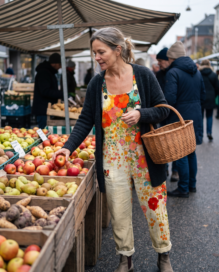 Aava printed wide-leg jumpsuit worn at an autumn market