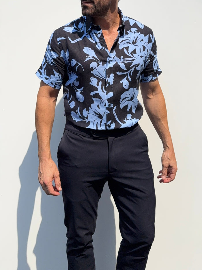 Abstract Flowers Party Shirt on Linen- Small Batch #683