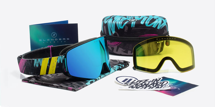 Arctic Motion | Aura Snow Goggles - Matte Black Frame With Black, Purple & Teal Strap & Arctic Blue Easy Swap Magnetic Lens Snow Goggles | $95 US | Blenders Eyewear