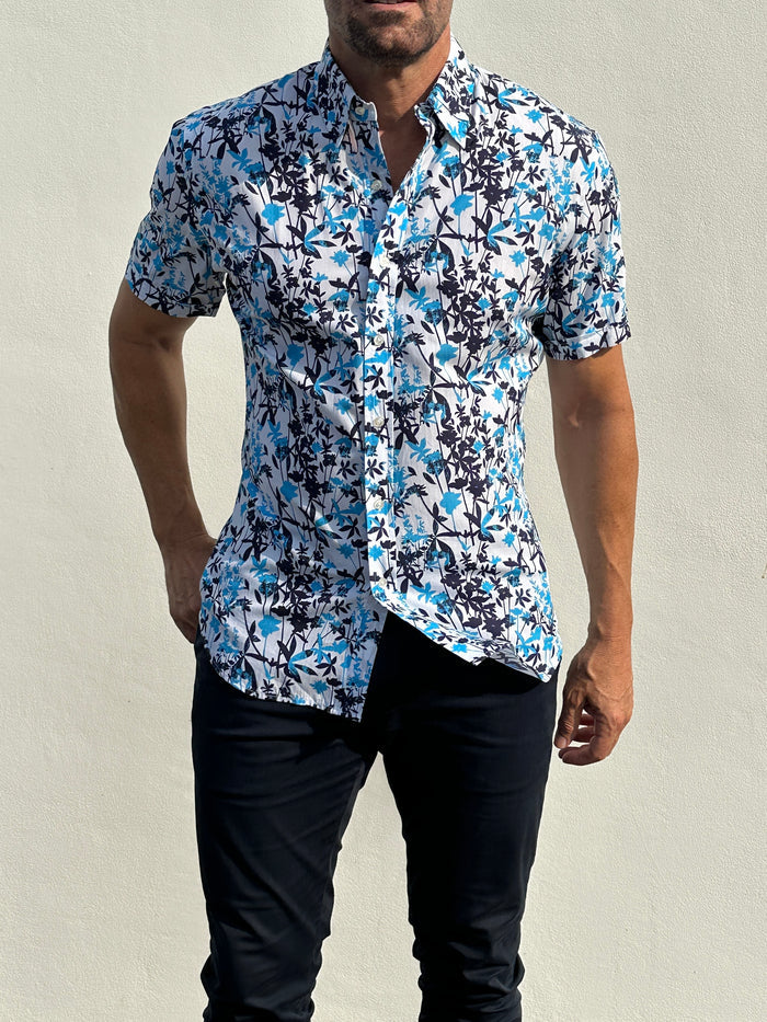 Bamboo Print on Cotton - Aqua & Navy
