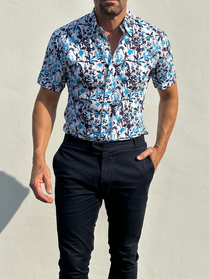 Bamboo Print on Cotton - Aqua & Navy