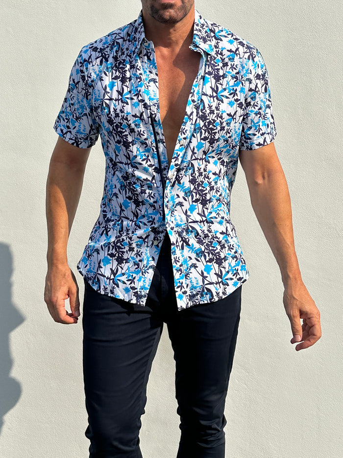 Bamboo Print on Cotton - Aqua & Navy