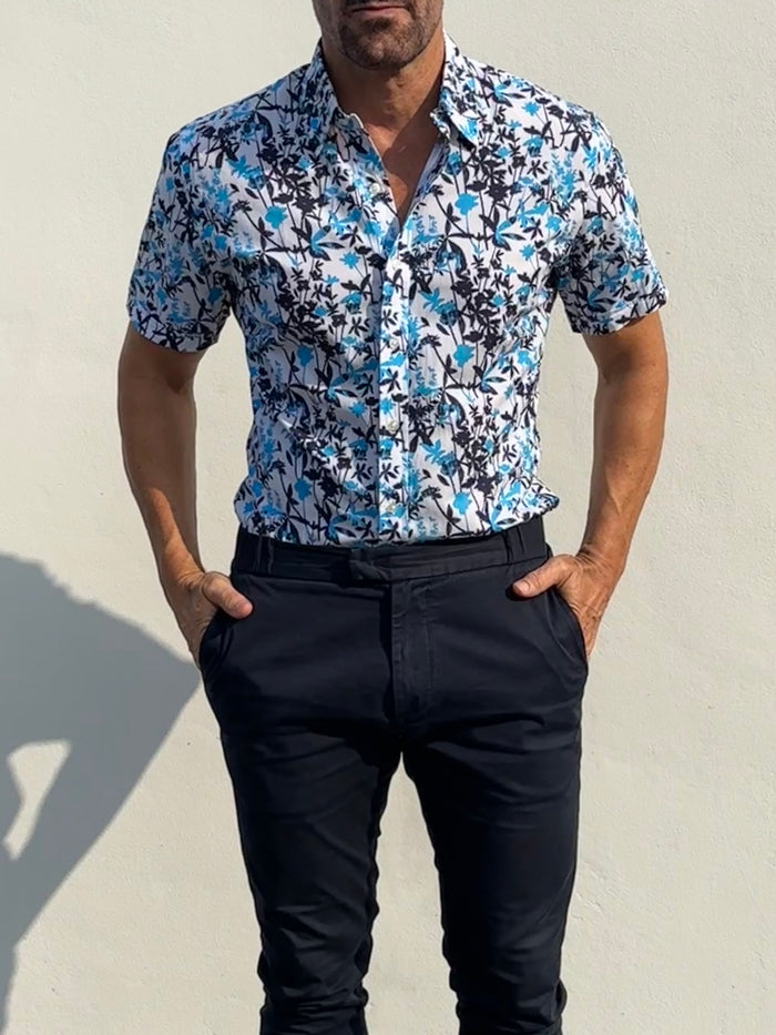 Bamboo Print on Cotton - Aqua & Navy