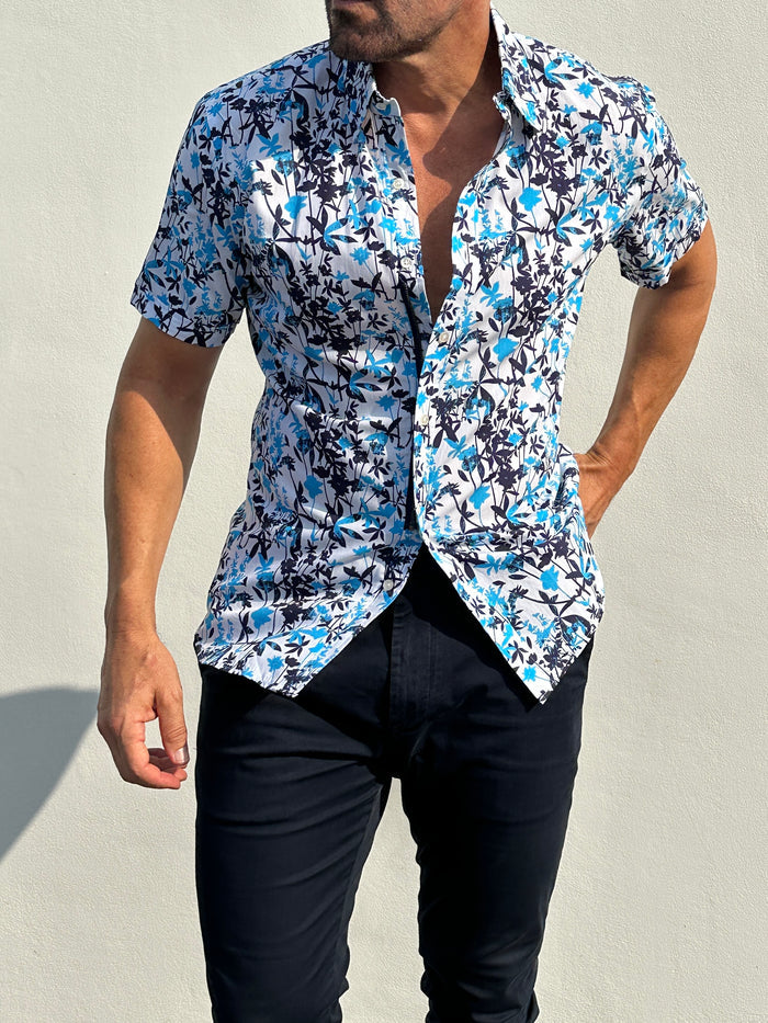 Bamboo Print on Cotton - Aqua & Navy