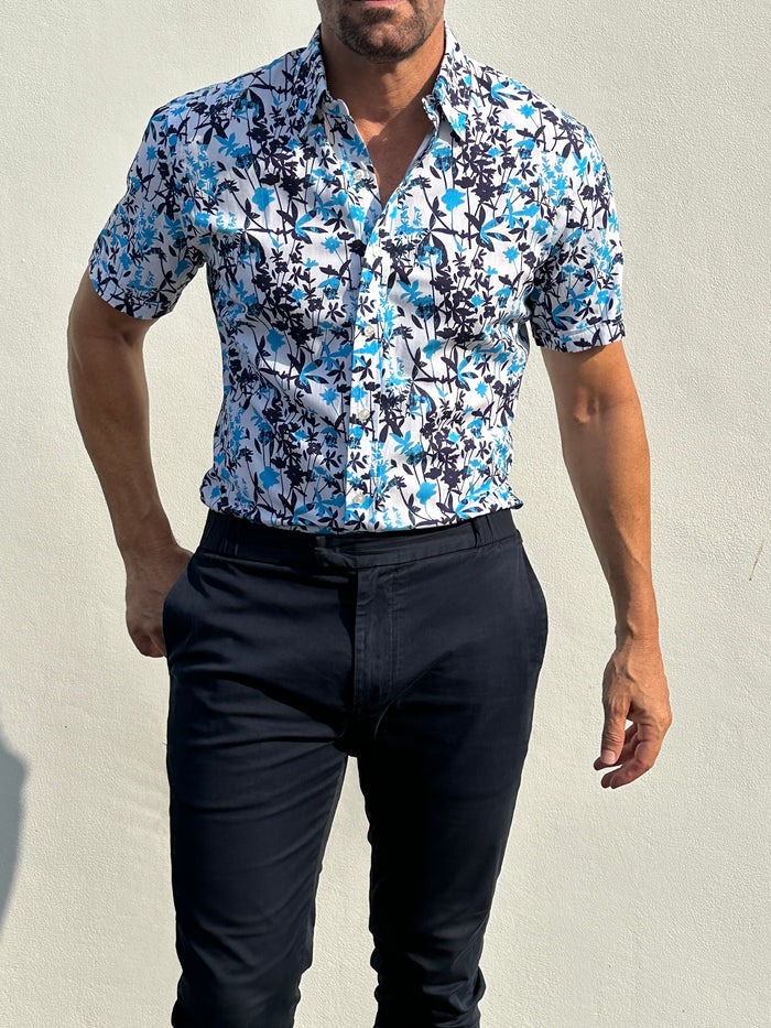 Bamboo Print on Cotton - Aqua & Navy