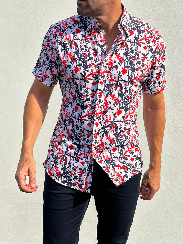 Bamboo Print on Cotton - Red & Navy