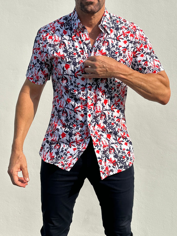 Bamboo Print on Cotton - Red & Navy