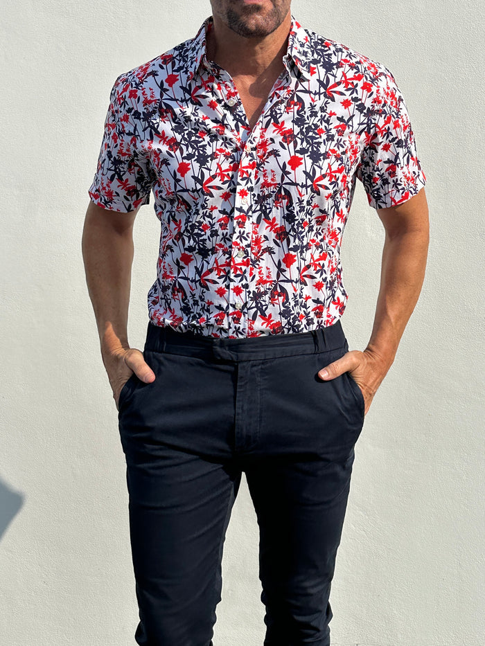 Bamboo Print on Cotton - Red & Navy