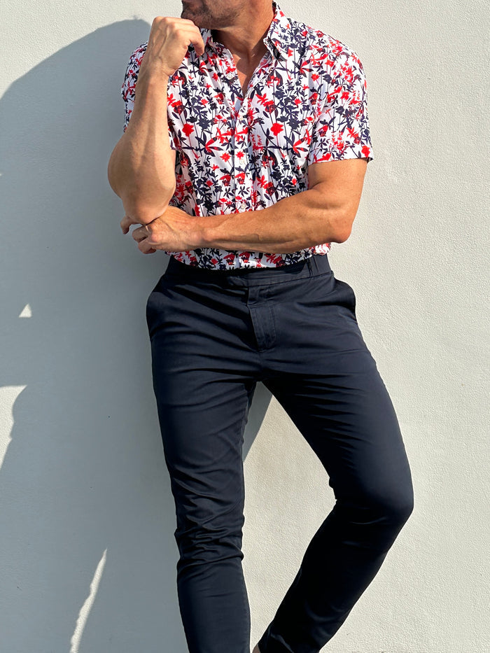 Bamboo Print on Cotton - Red & Navy