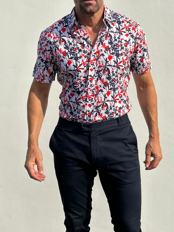 Bamboo Print on Cotton - Red & Navy