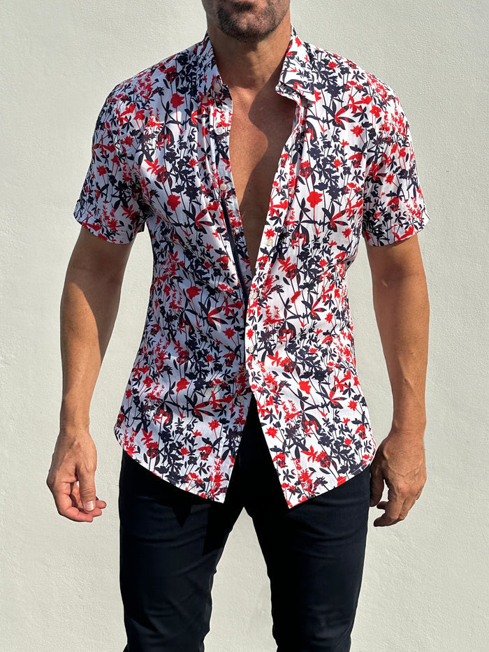 Bamboo Print on Cotton - Red & Navy