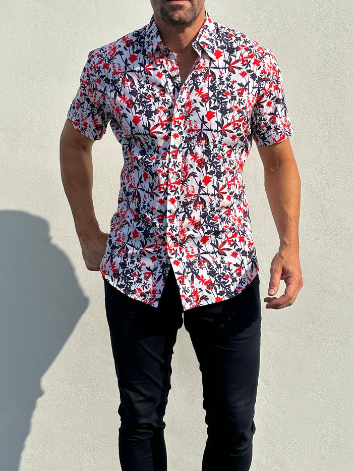 Bamboo Print on Cotton - Red & Navy