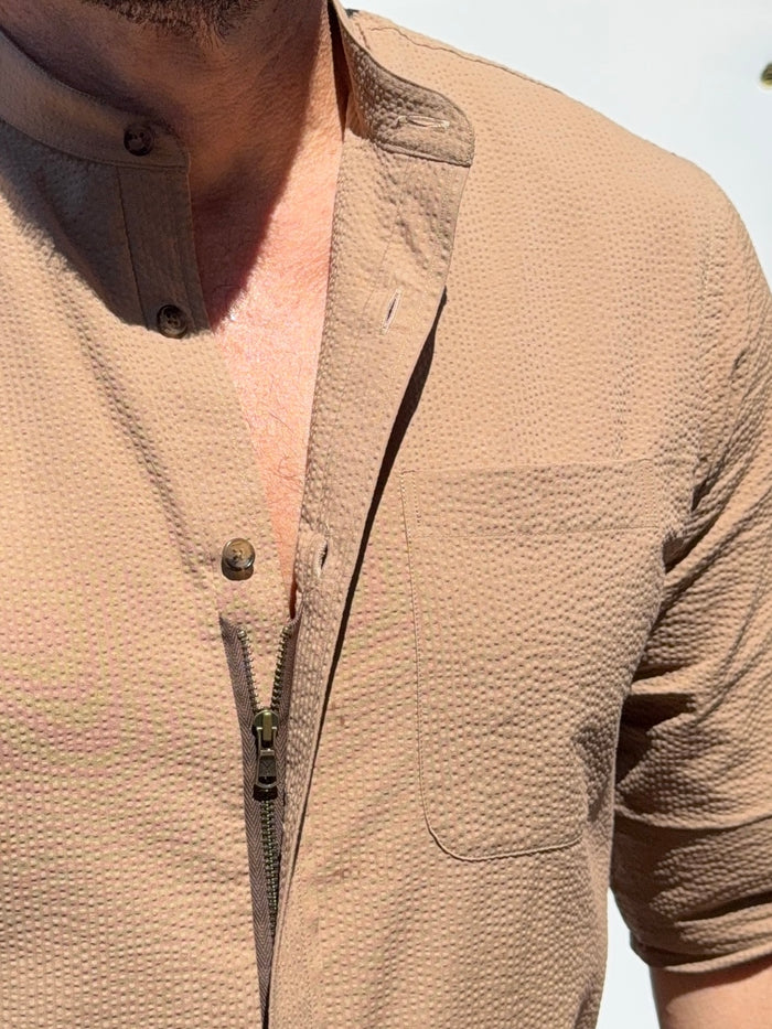 Band Collar Seersucker - Light Brown- Small Batch #688