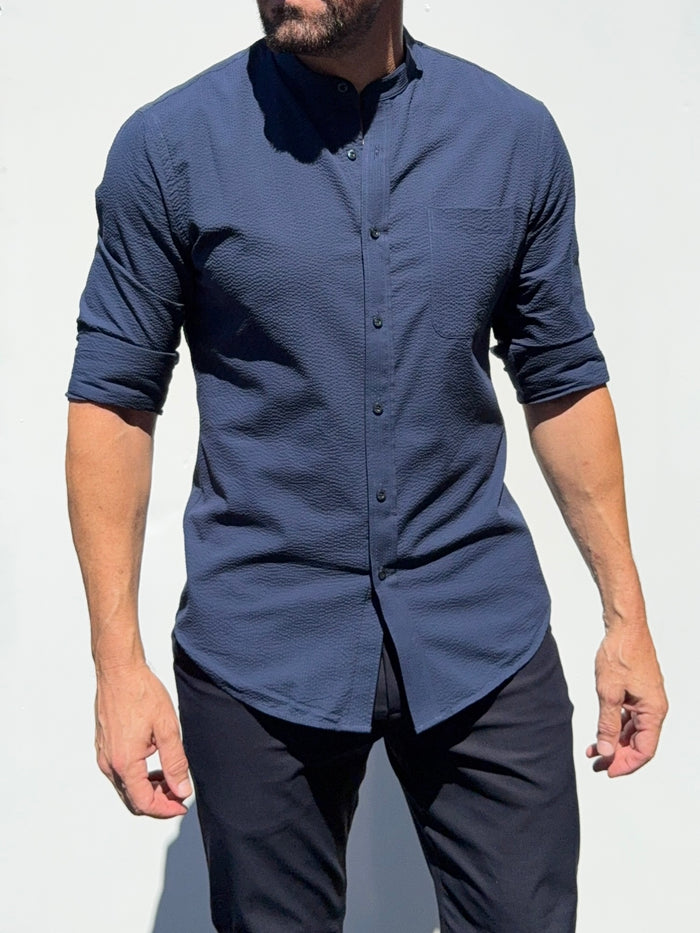 Band Collar Seersucker - Navy- Small Batch #689
