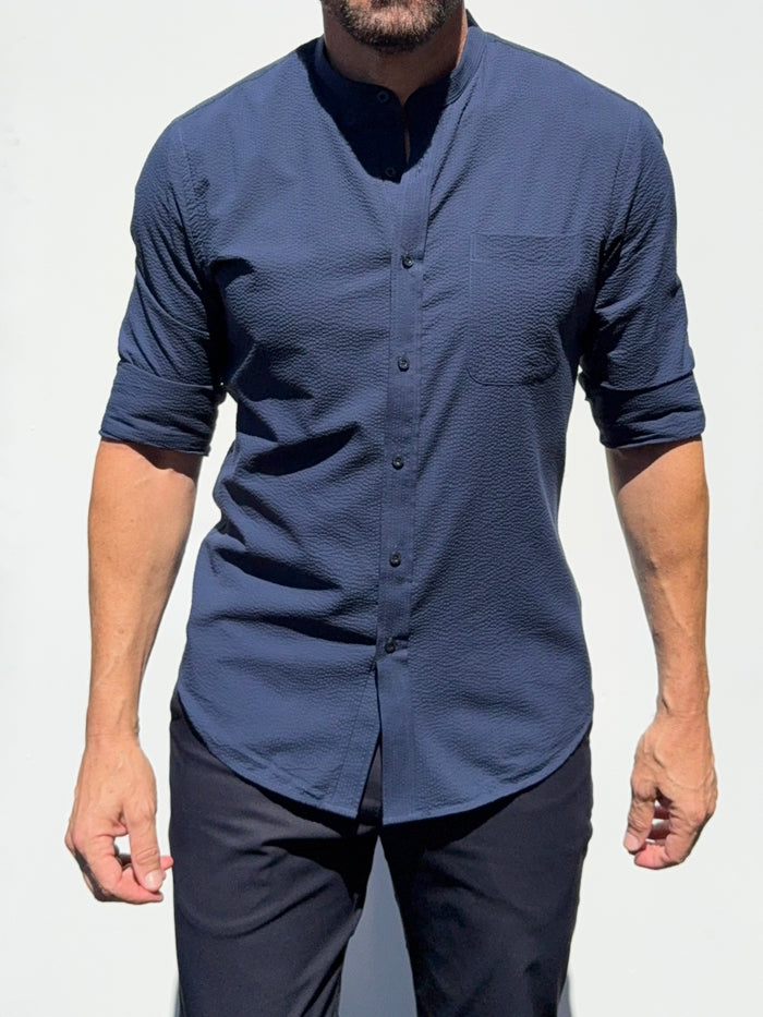 Band Collar Seersucker - Navy- Small Batch #689