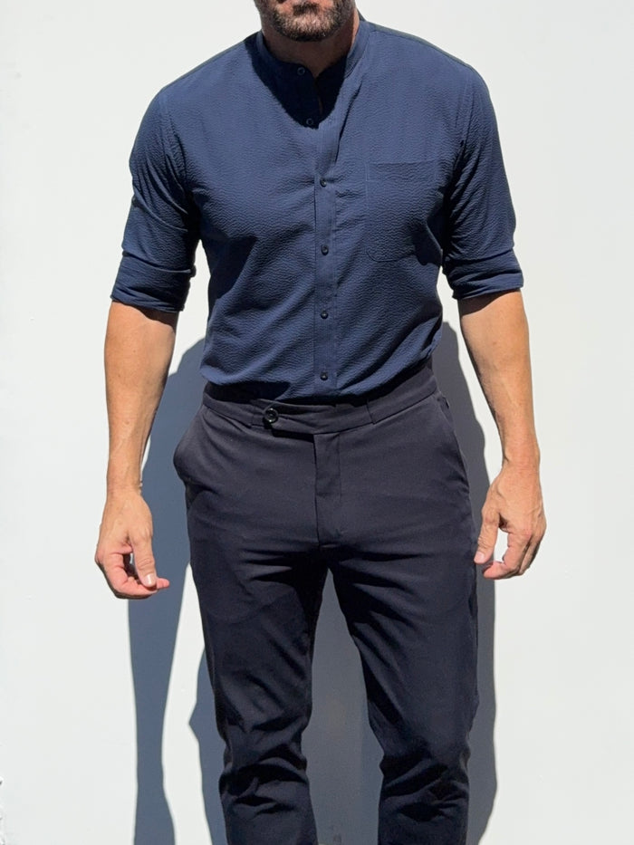 Band Collar Seersucker - Navy- Small Batch #689