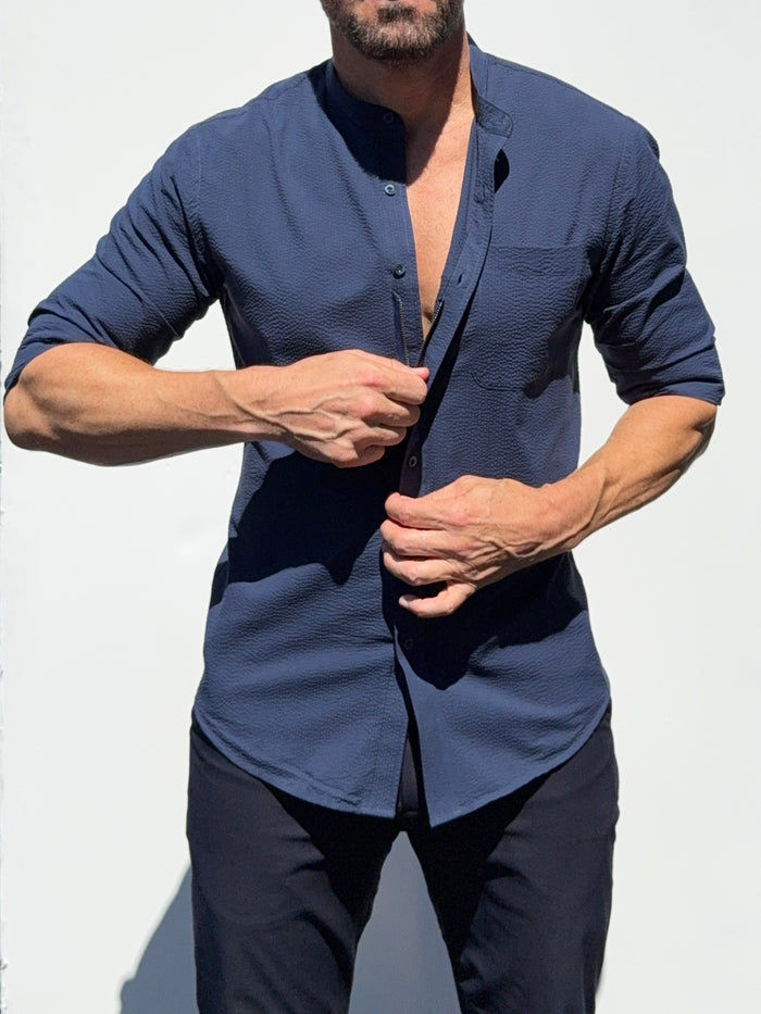 Band Collar Seersucker - Navy- Small Batch #689