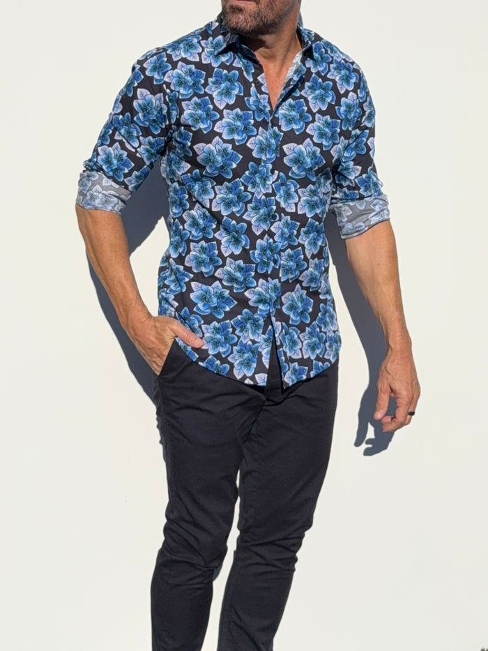 Blue Flowers Party Shirt - Blue on Navy