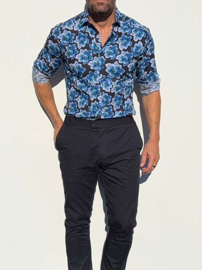 Blue Flowers Party Shirt - Blue on Navy