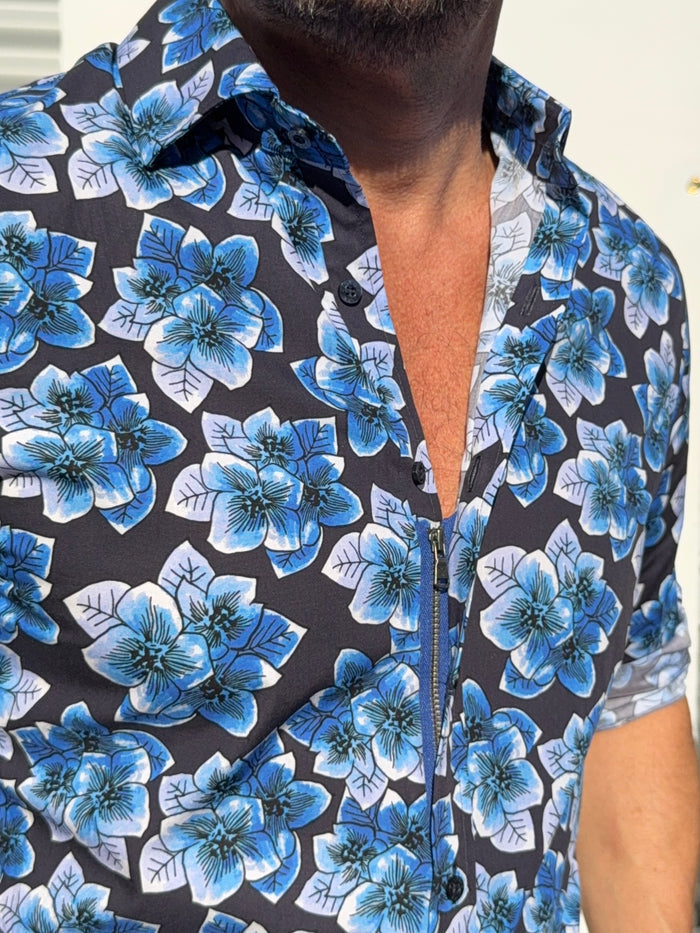 Blue Flowers Party Shirt - Blue on Navy