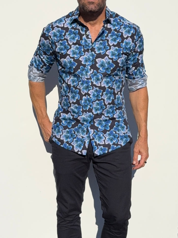 Blue Flowers Party Shirt - Blue on Navy