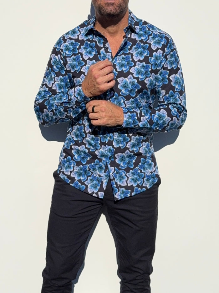 Blue Flowers Party Shirt - Blue on Navy