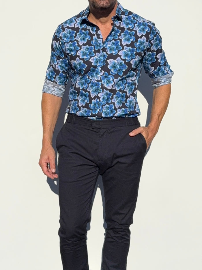 Blue Flowers Party Shirt - Blue on Navy