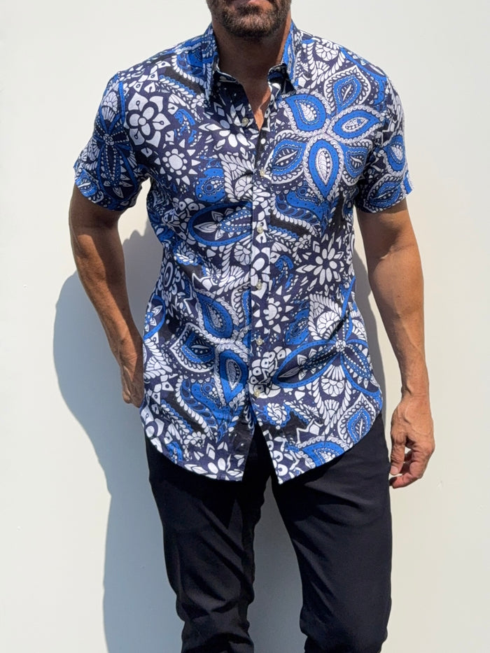 Blue Paisley Party Shirt on Linen- Small Batch #686