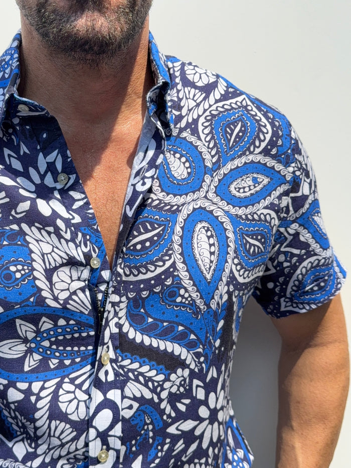Blue Paisley Party Shirt on Linen- Small Batch #686