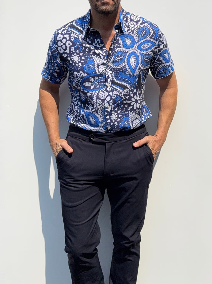 Blue Paisley Party Shirt on Linen- Small Batch #686