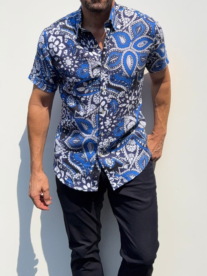 Blue Paisley Party Shirt on Linen- Small Batch #686