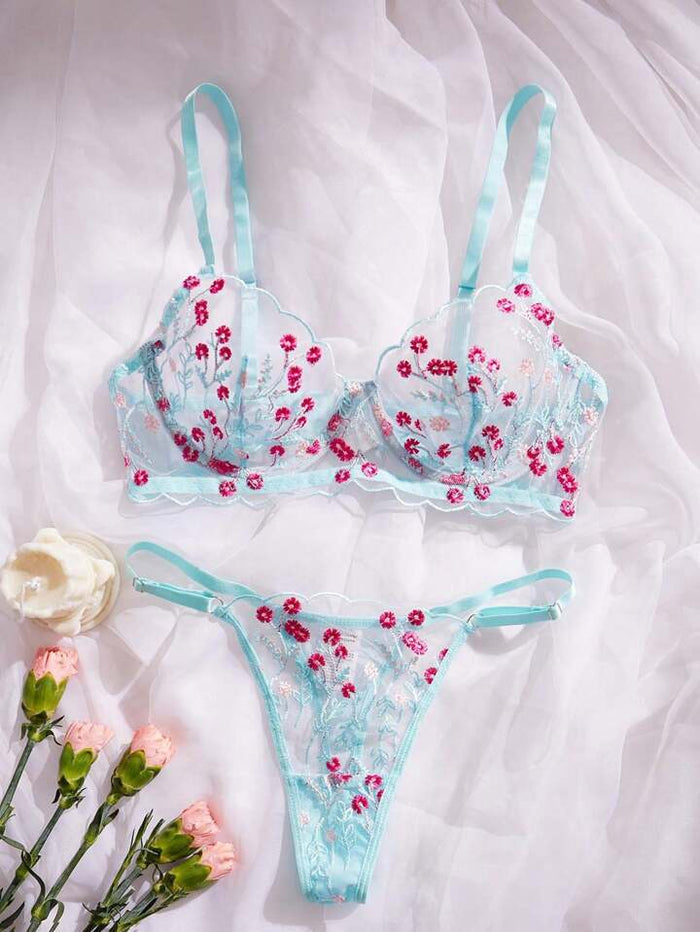 blue lingerie set embroidered lace