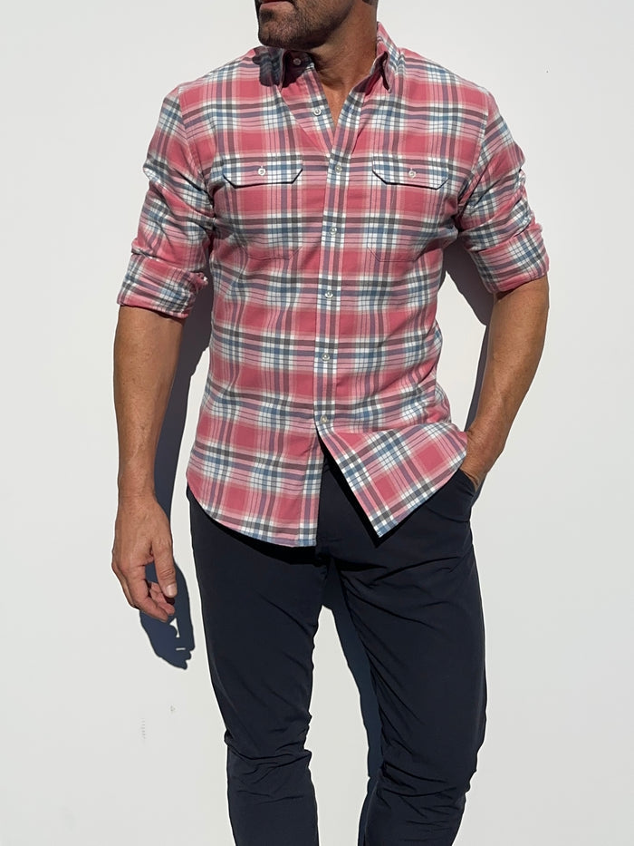 Coral, White & Blue Utility Flannel - Coral White & Blue Flannel