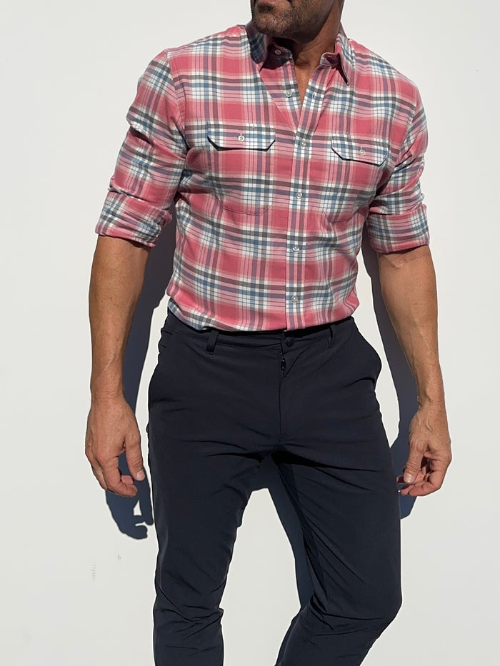 Coral, White & Blue Utility Flannel - Coral White & Blue Flannel
