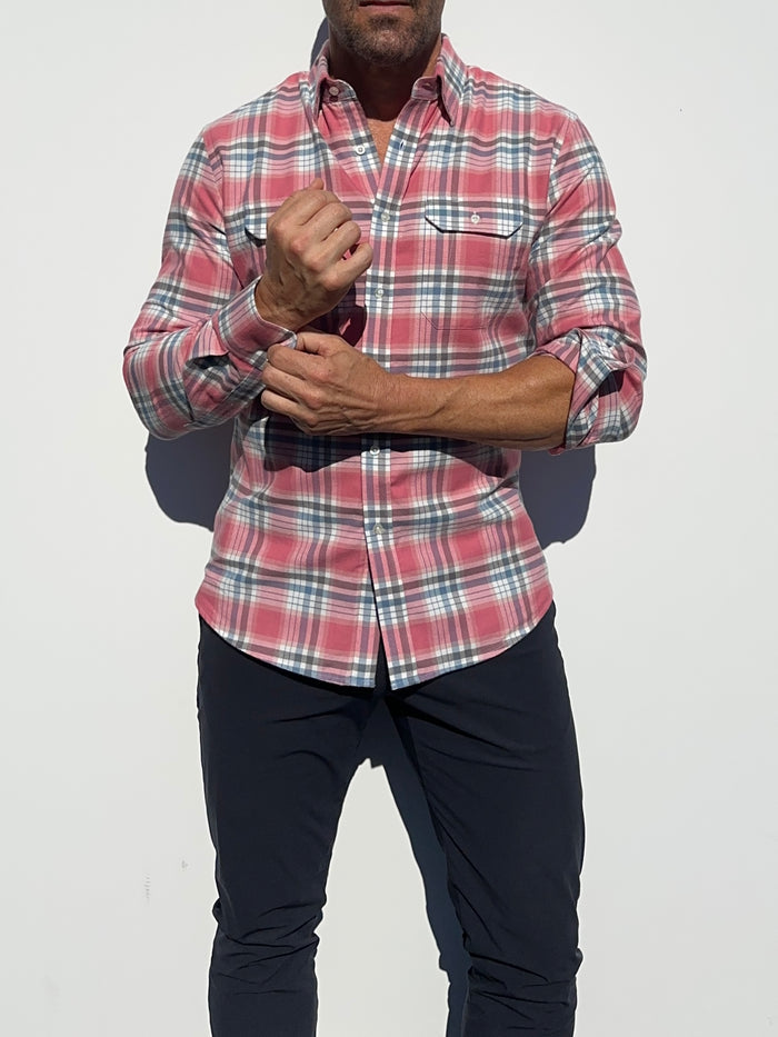 Coral, White & Blue Utility Flannel - Coral White & Blue Flannel