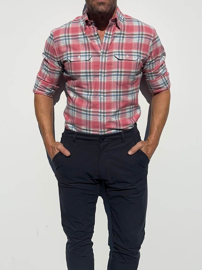 Coral, White & Blue Utility Flannel - Coral White & Blue Flannel