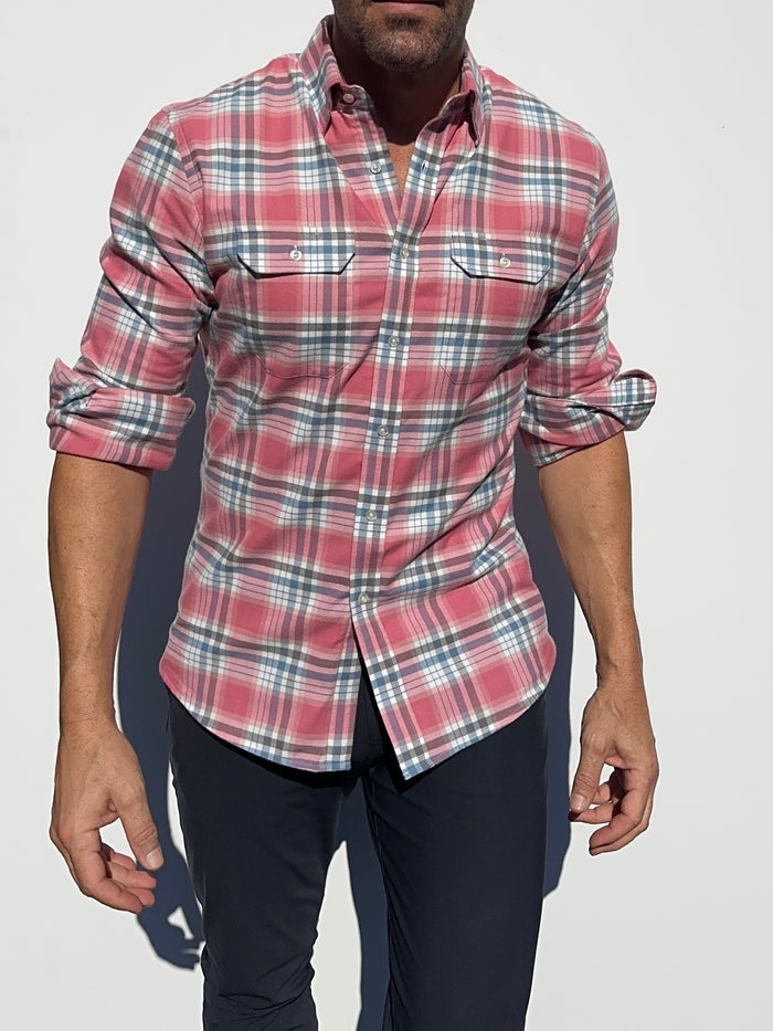 Coral, White & Blue Utility Flannel - Coral White & Blue Flannel