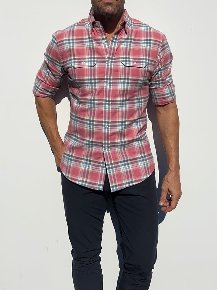 Coral, White & Blue Utility Flannel - Coral White & Blue Flannel