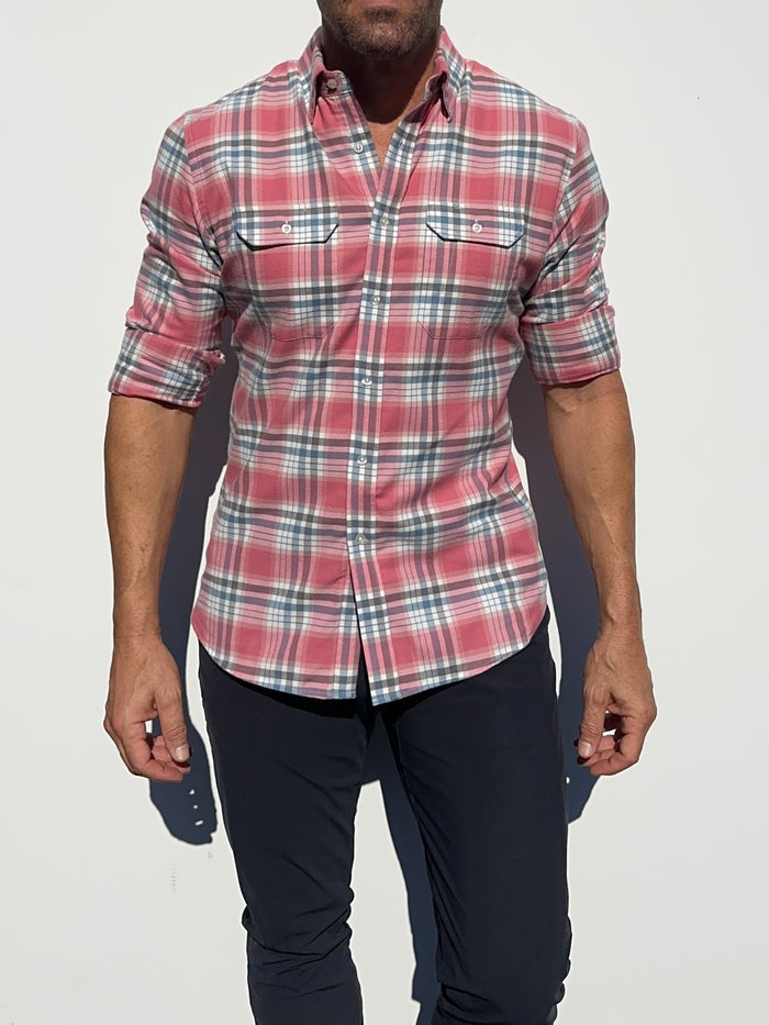 Coral, White & Blue Utility Flannel - Coral White & Blue Flannel