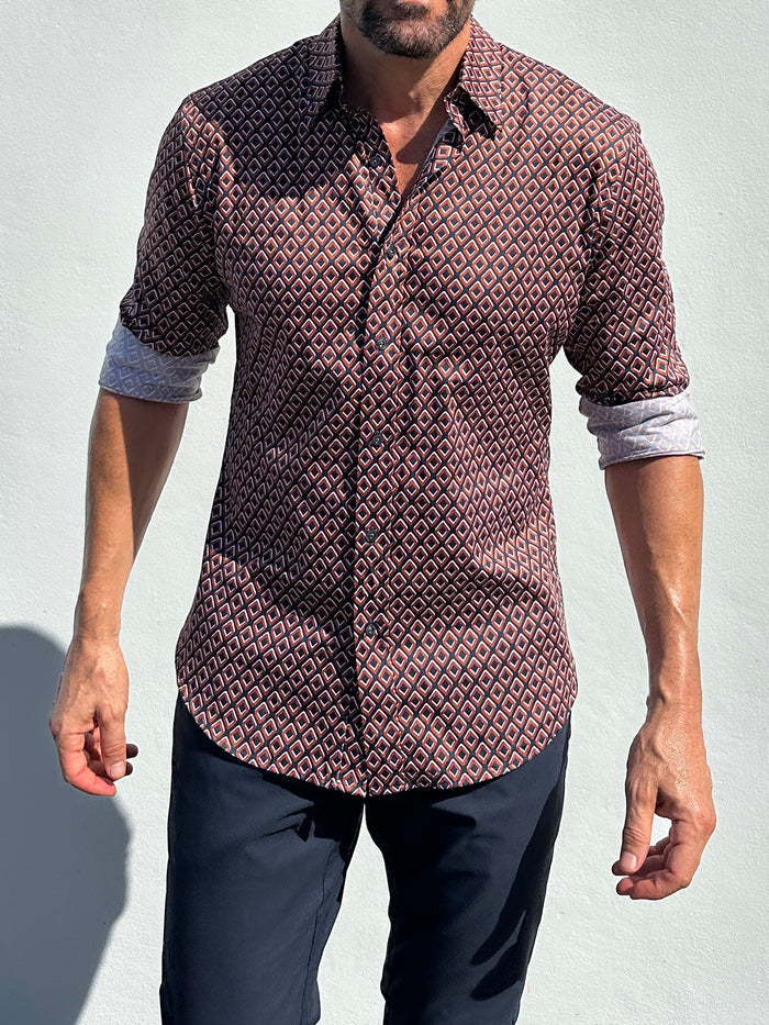 Diamond Print Party Shirt - Brown on Navy