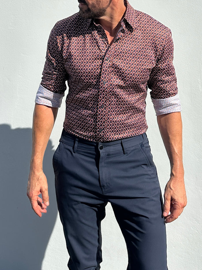 Diamond Print Party Shirt - Brown on Navy