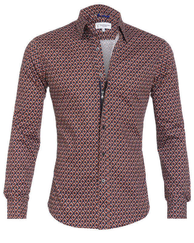 Diamond Print Party Shirt - Brown on Navy