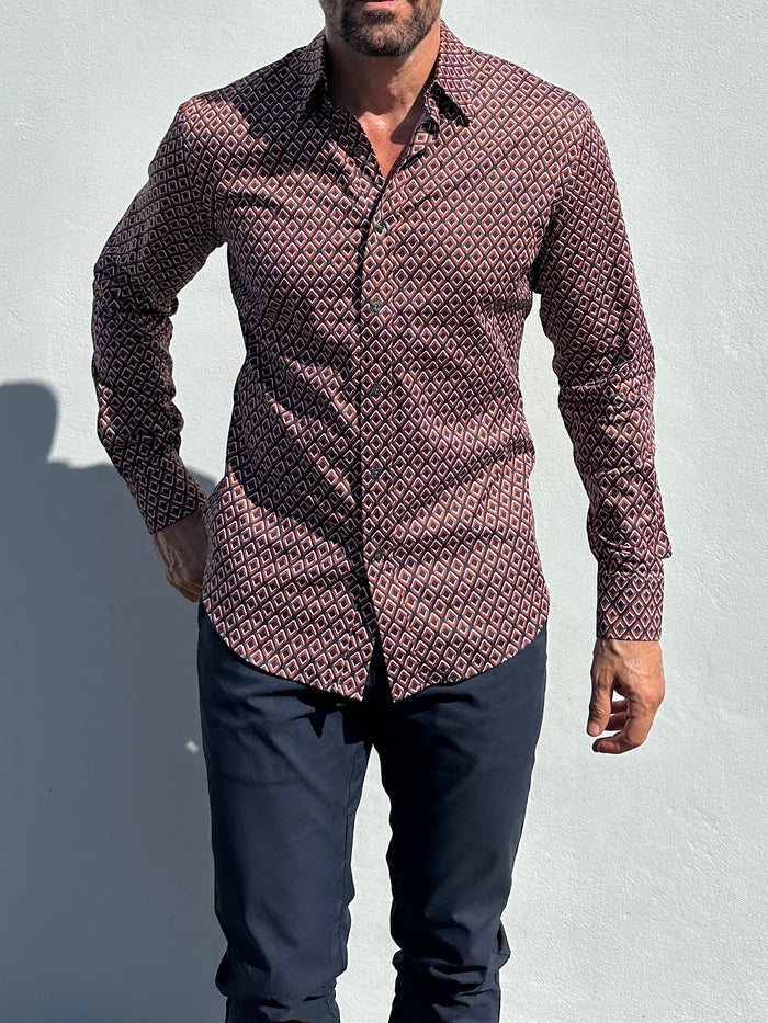 Diamond Print Party Shirt - Brown on Navy