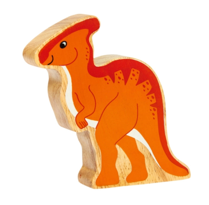 Wooden dinosaur toy figure on a white background