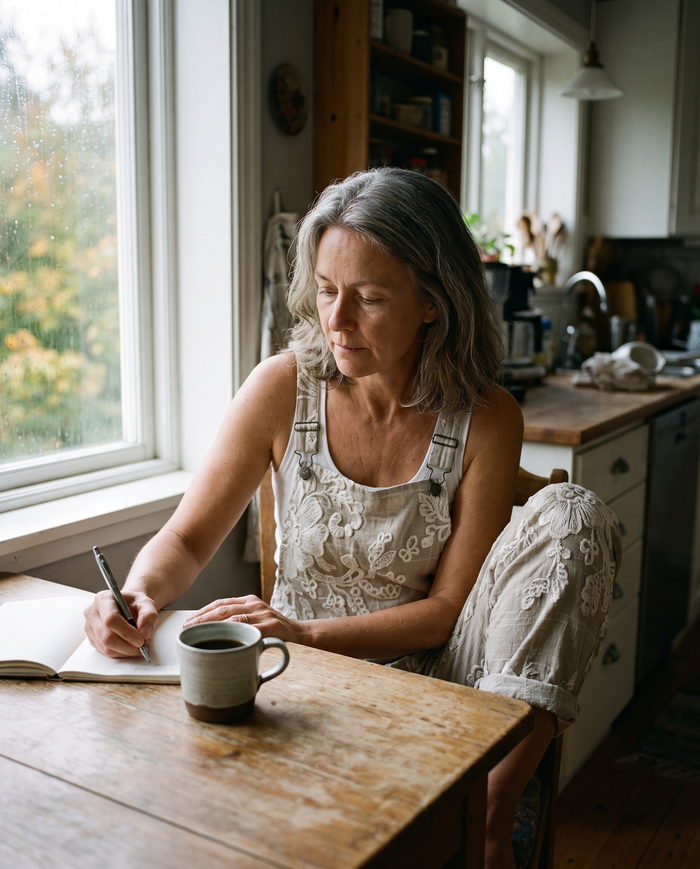 Eila printed wide-leg jumpsuit worn at the kitchen table